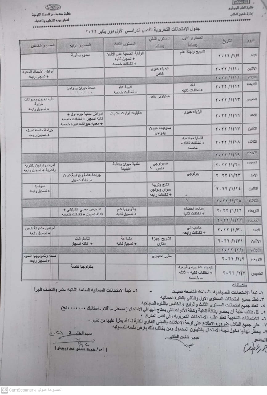 Schedule of written exams for the first semester January 2022