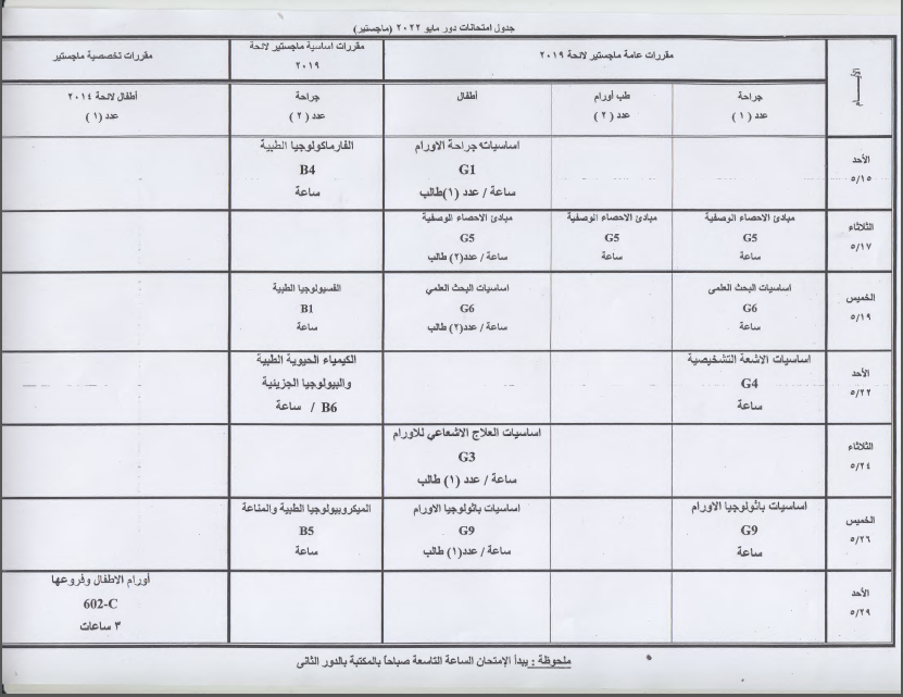 جدول امتحانات دور مايو 2022 (ماجستير)