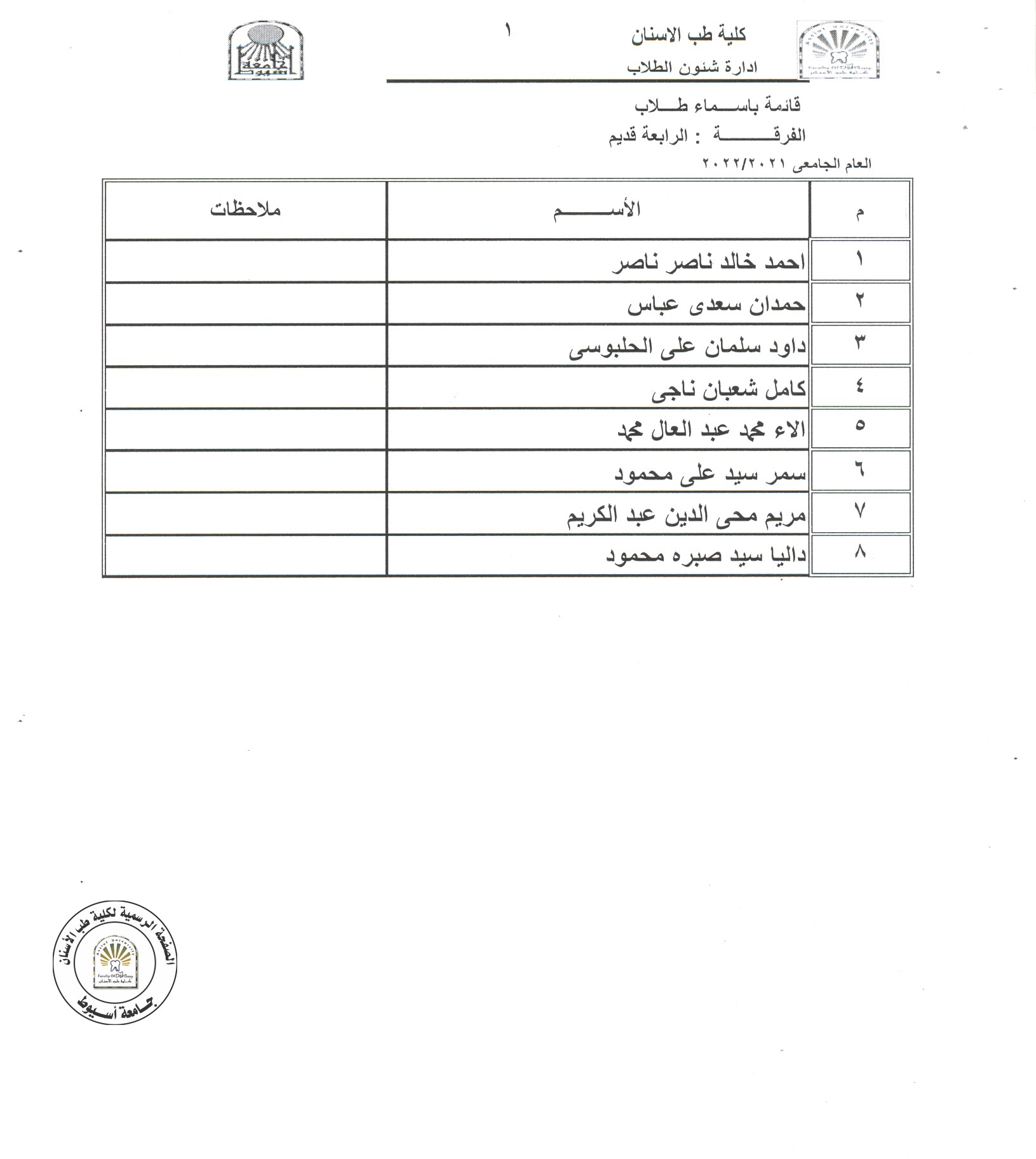 قائمة بأسماء طلاب الفرق المختلفة  الغير حاصلين على اللقاح حتى تاريخه 25/11/2021 .