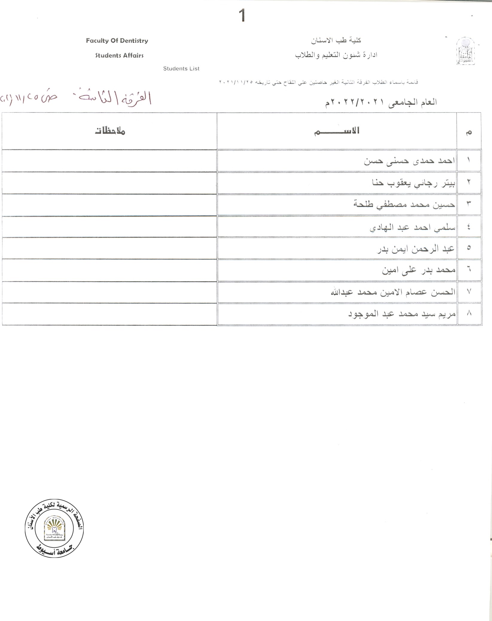 قائمة بأسماء طلاب الفرق المختلفة  الغير حاصلين على اللقاح حتى تاريخه 25/11/2021 .