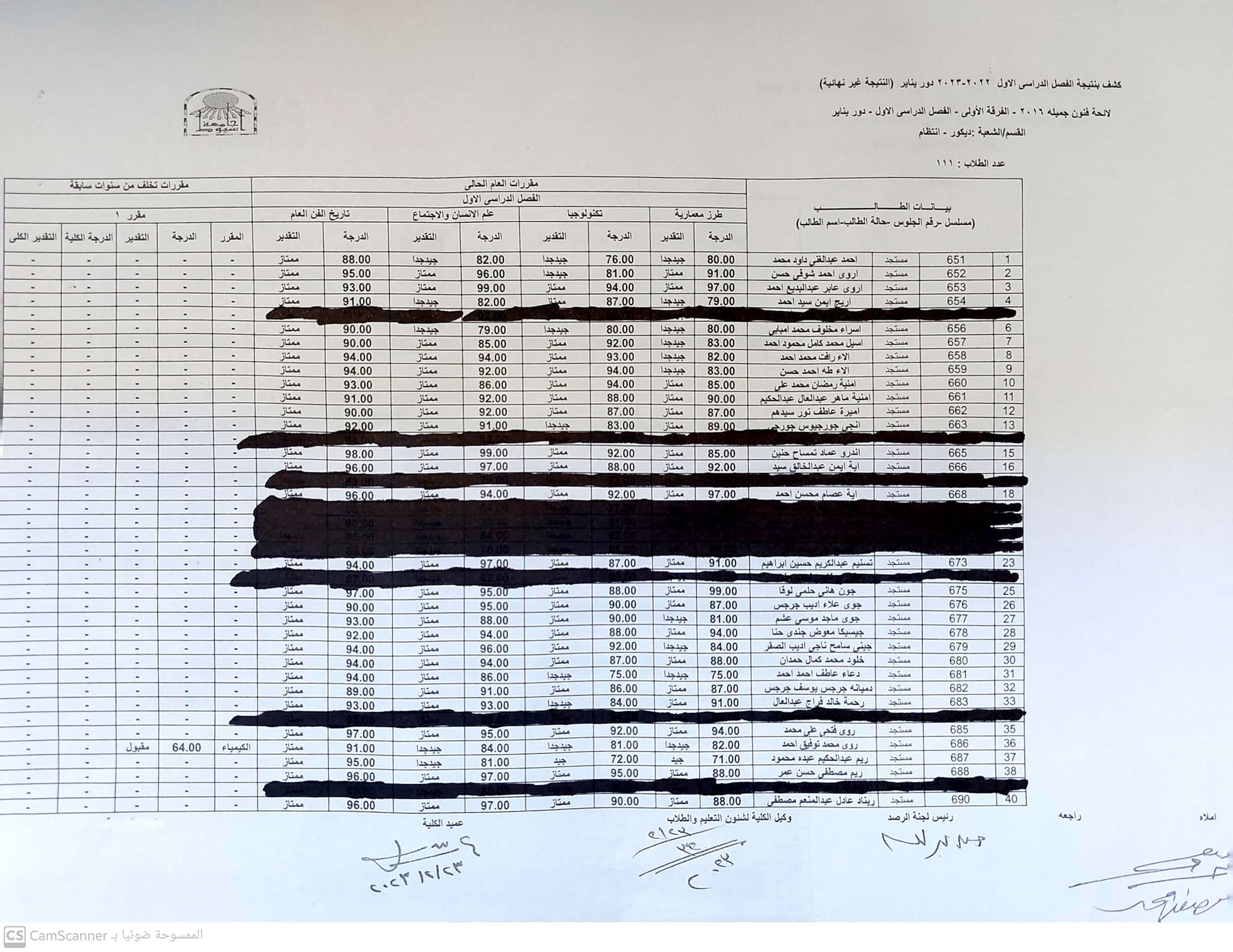 نتيجة الفصل الدراسي الأول للعام الجامعي ٢٠٢٢ ٢٠٢٣م قسمالديكور الفرقة الإعدادى الأولى 3536