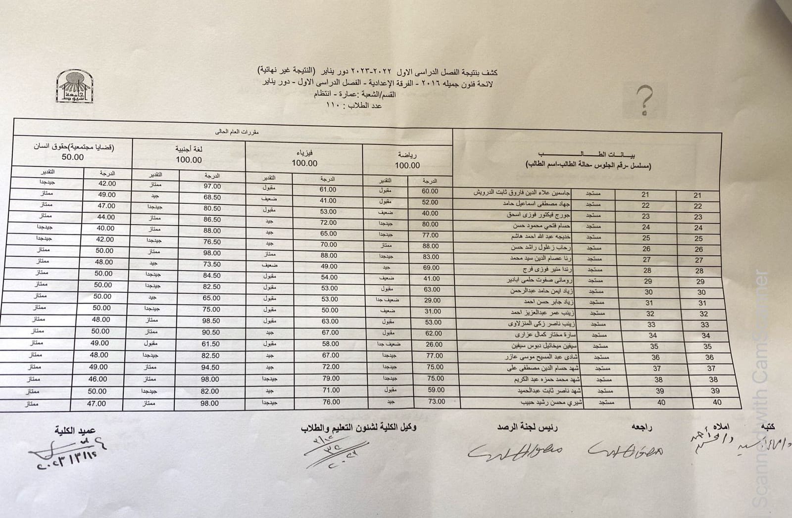 نتيجة الفصل الدراسي الأول للعام الجامعي ٢٠٢٢ - ٢٠٢٣ م الفرقة الإعدادى قسم العمارة