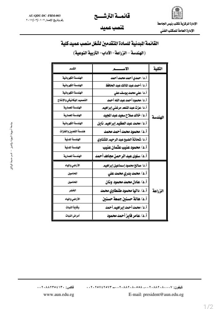 جامعة أسيوط تعلن القائمة  المبدئية للمرشحين لعمادة كلية الهندسة والزراعة والآداب والتربية النوعية