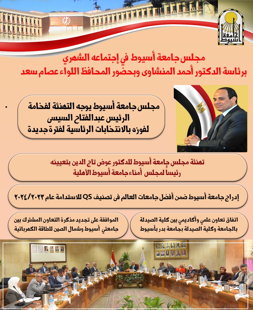 مجلس جامعة أسيوط يعقد  اجتماعه الشهري برئاسة الدكتور أحمد المنشاوي وبحضور محافظ أسيوط