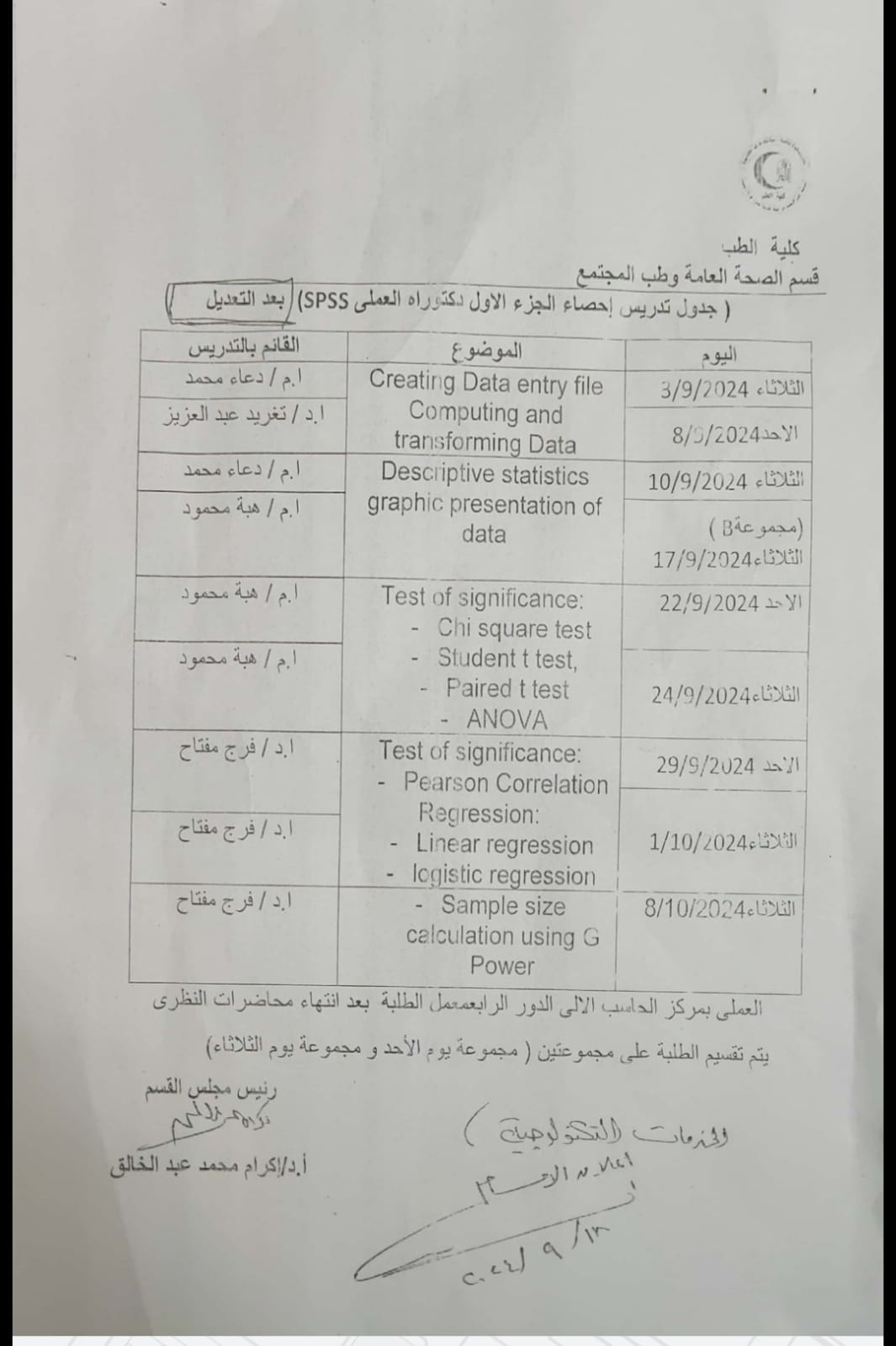 Teaching schedule for statistics, part one, PhD practical, SPSS