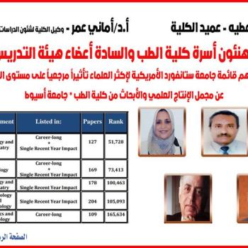 The Faculty of Medicine family congratulates the faculty members whose names were included in the list of the most influential scientists in the world by Stanford University for the year 2021 AD for the total scientific production and research from the Faculty of Medicine - Assiut University