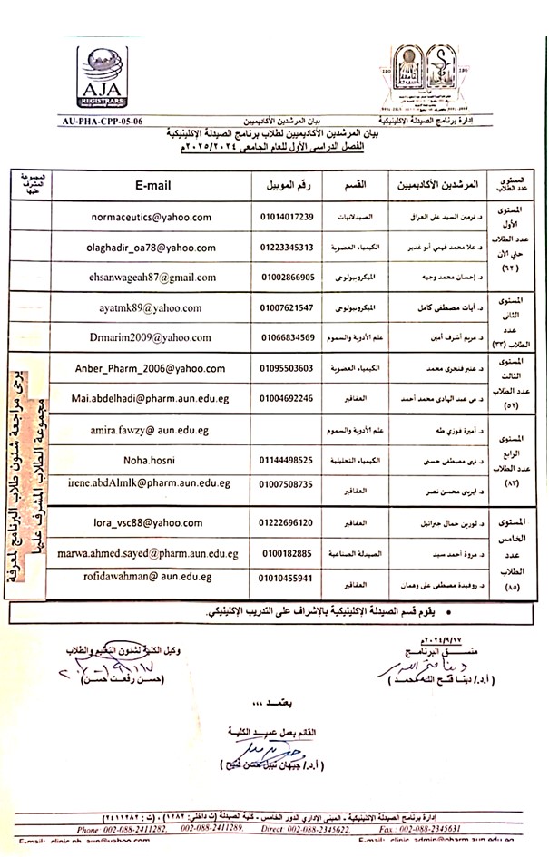 بيان بالمرشدين الأكاديميين للفصل الدراسي الأول للعام الجامعى 2024/20225