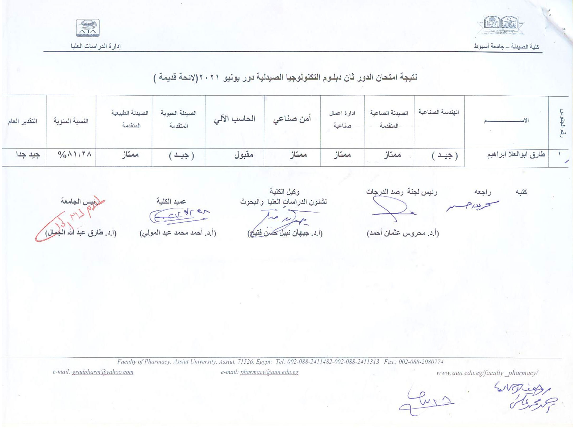 نتيجة امتحان الدور ثان دبلوم التكنولوجيا الصيدلية دور يونيو 2021م (لائحة قديمة)