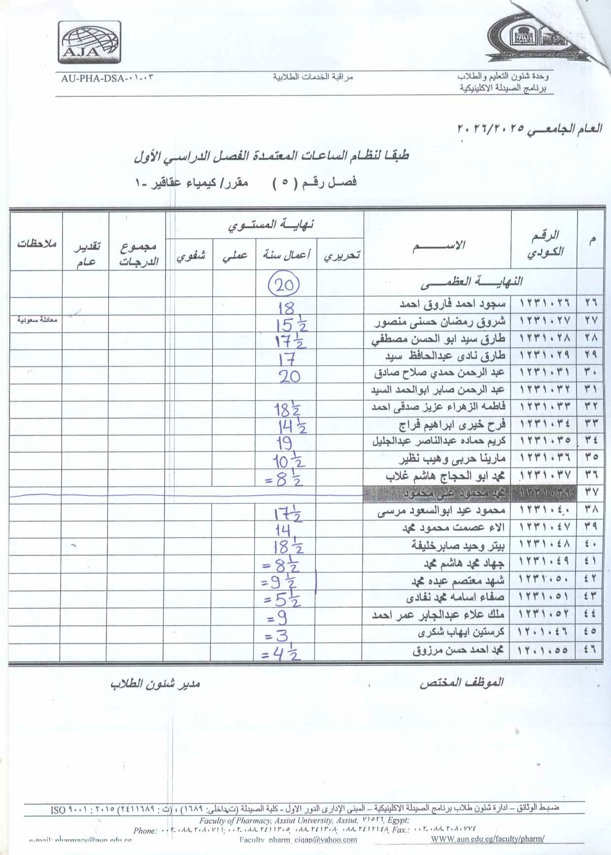 اعلان درجات أعمال السنة لمقرر "كيمياء عقاقير-1" – فصل (5) لبرنامج الصيدلة الاكلينيكية للعام الجامعى 2025/2026