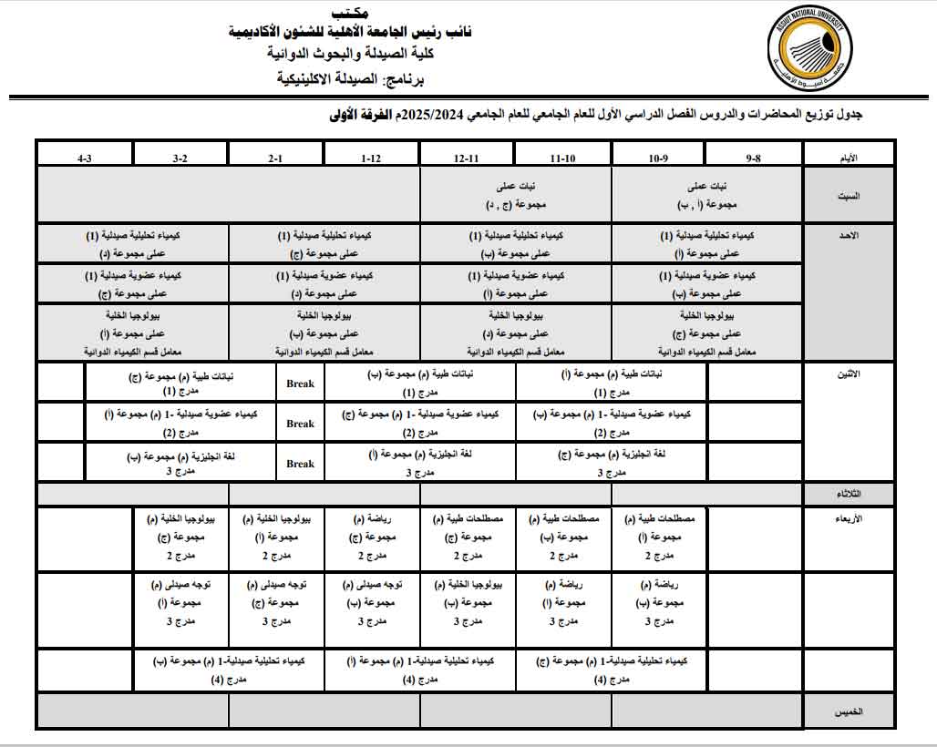 جدول توزيع المحاضرات والدروس العملية للفرقة الأولى برنامج الصيدلة الإكلينيكية كلية الصيدلة والبحوث الدوائية للجامعة الأهلية الفصل الدراسي الأول للعام الجامعى 2024 / 2025م