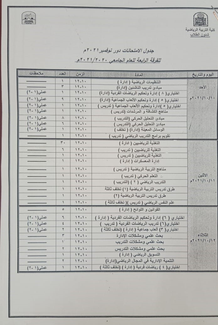 جدول الامتحانات دور نوفمبر 2021  للفرقه الرابعه