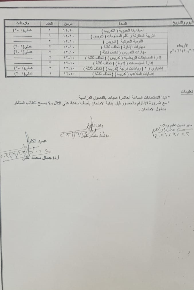 جدول الامتحانات دور نوفمبر 2021  للفرقه الرابعه