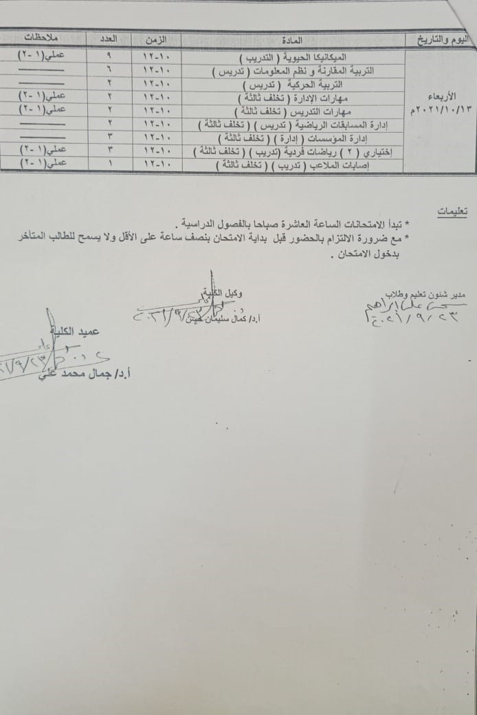 جدول الامتحانات دور نوفمبر 2021  للفرقه الرابعه