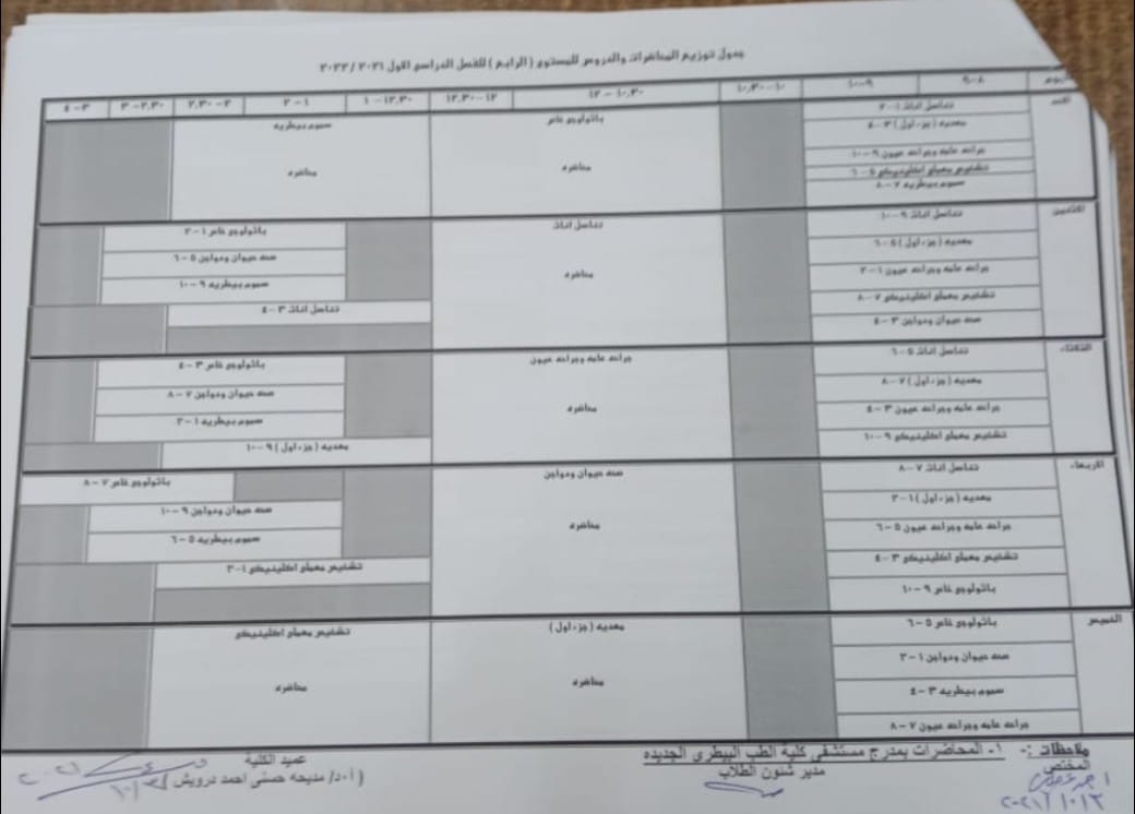 جدول توزيع المحاضرات والدروس المستوى الرابع العام الدراسى الاول ٢٠٢٢/٢٠٢١