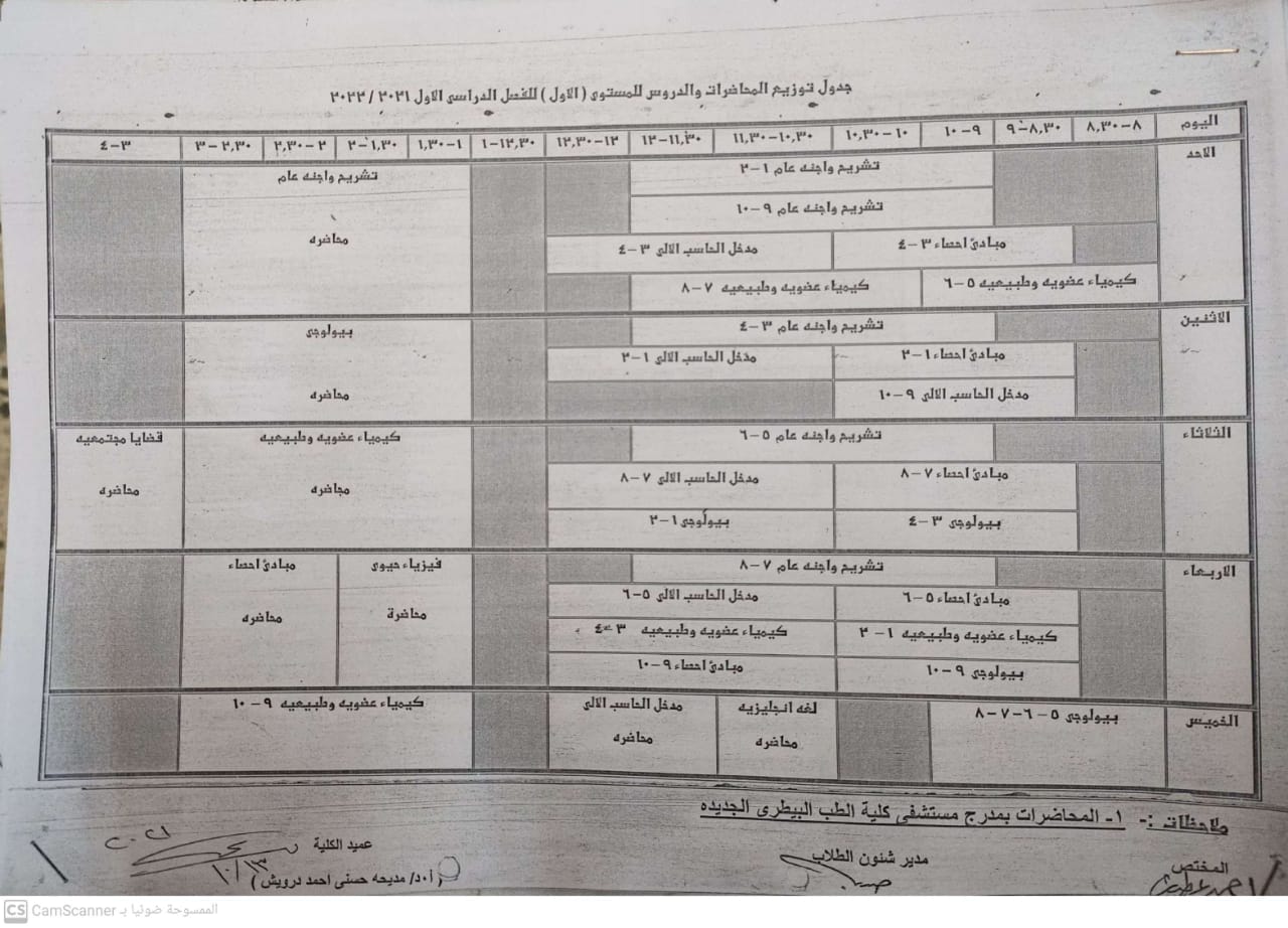 Distribution schedule of lectures and lessons, level one, first academic year 2022/2021